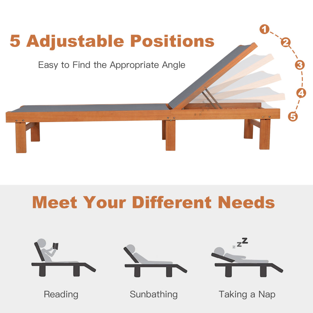 Adjustable outdoor wood chaise lounge chair in 5 positions, made of eucalyptus wood, perfect for sunbathing and.