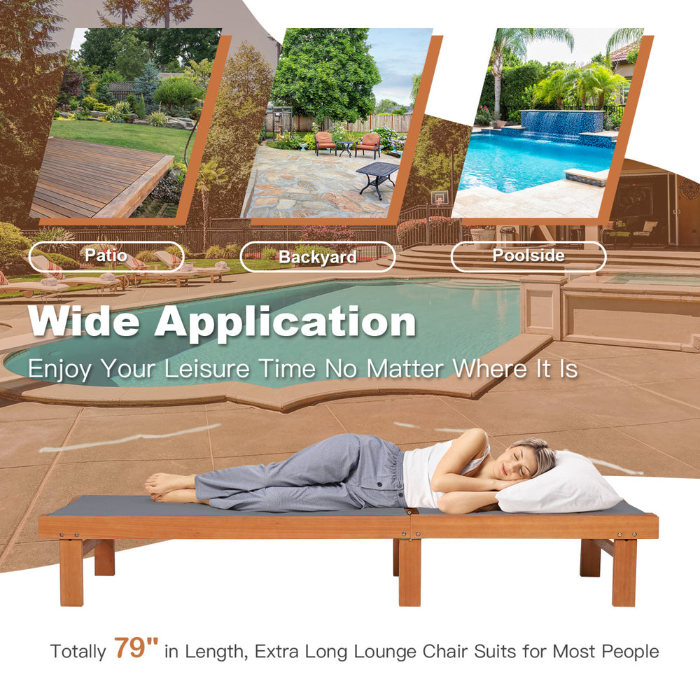 Adjustable outdoor wood chaise lounge chair, 79" long, with breathable fabric, perfect for patio, garden, or poolside.