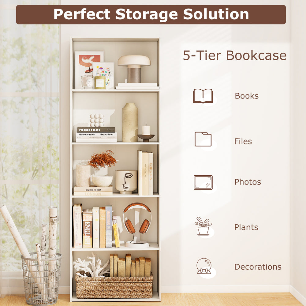 5-tier white bookcase with decorative items, supporting 45 lbs per shelf, ideal for modern living rooms and offices.