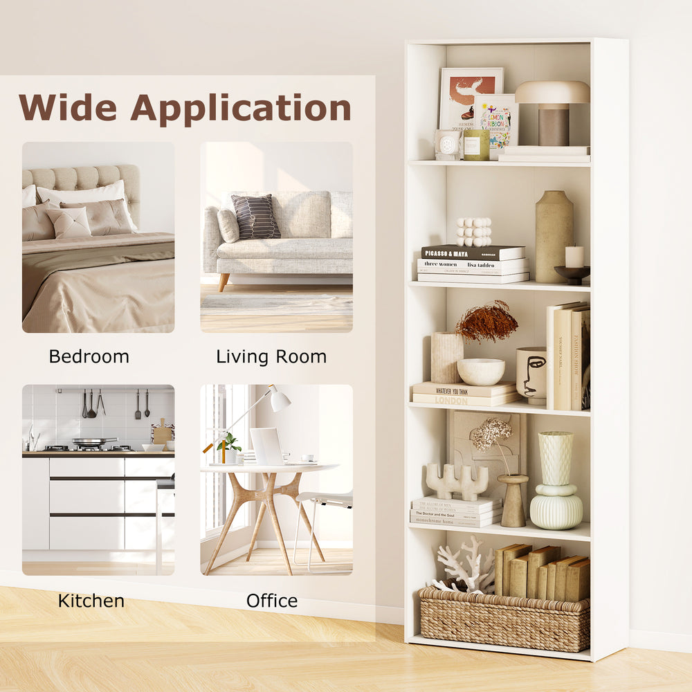 5-shelf white storage bookcase with modern design, ideal for books and decor in bedrooms, living rooms, kitchens, and.