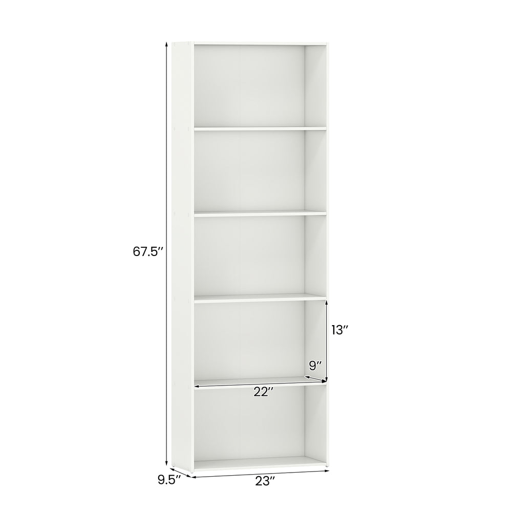 5-shelf white storage bookcase with modern design, supporting up to 45 lbs per shelf, ideal for versatile display and.