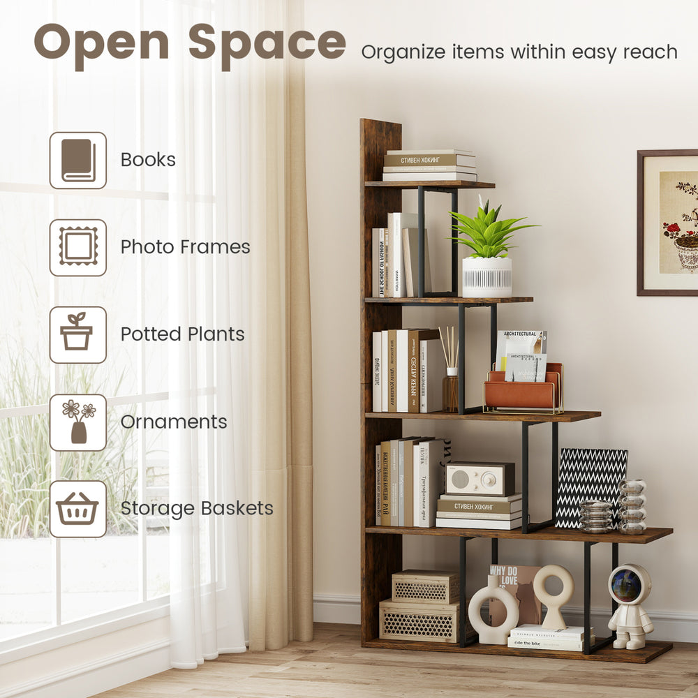 5-tier 62-inch tall stepped bookshelf in rustic brown with a heavy-duty metal frame, ideal for organizing items in any room.