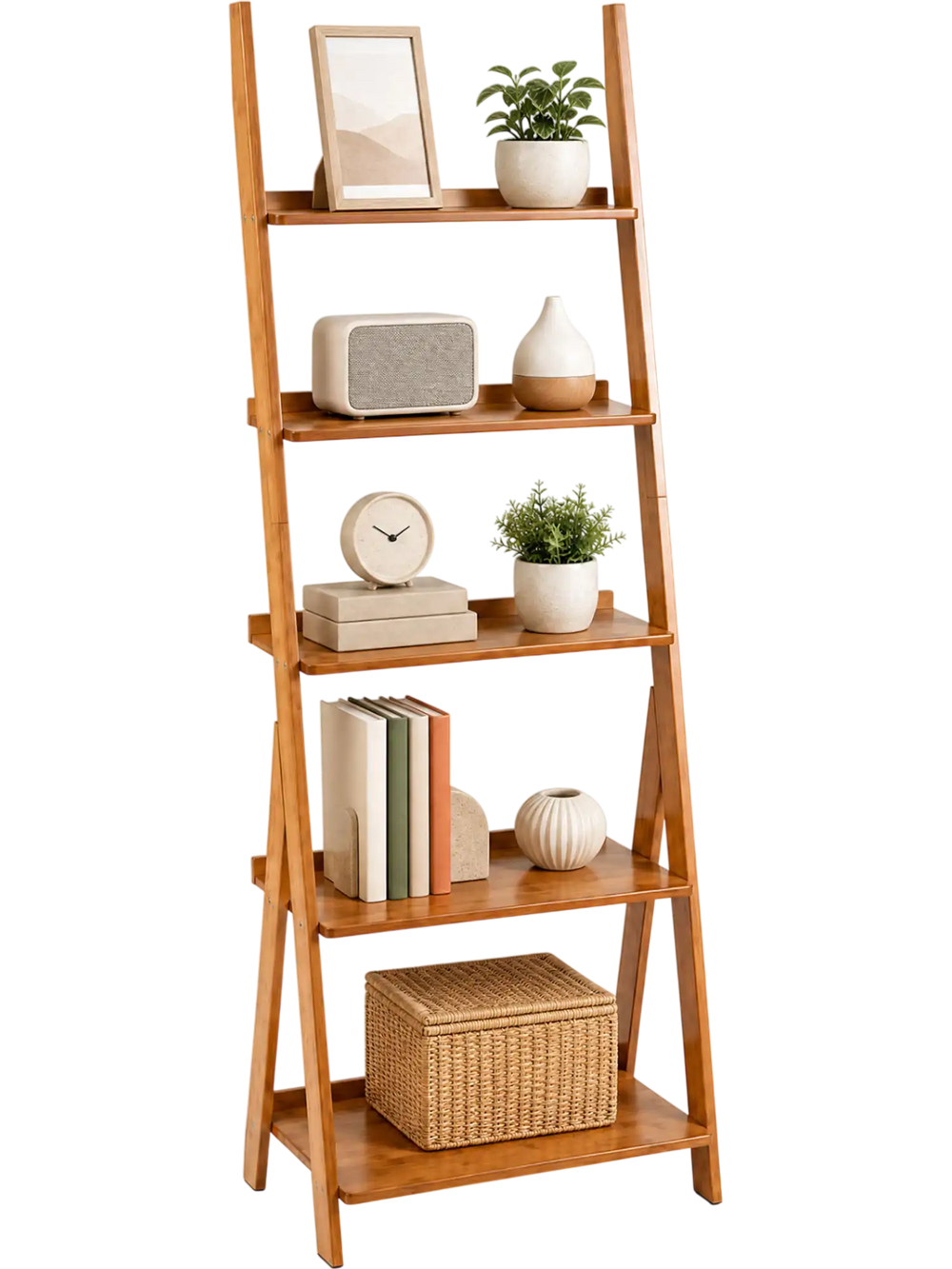 5-tier bamboo ladder shelf in brown showcases a sleek design with stable feet, perfect for stylish organization in any space.
