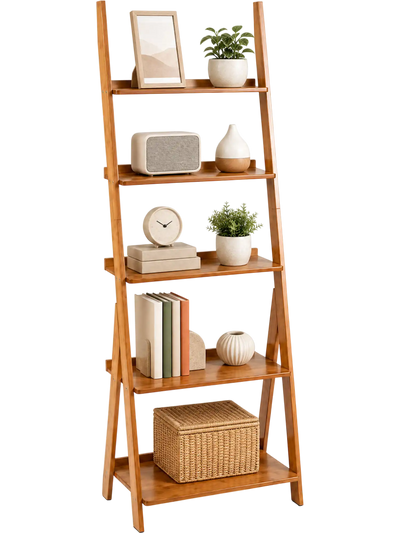 Costway 5-Tier Bamboo Ladder Shelf Bookcase 46179805 New