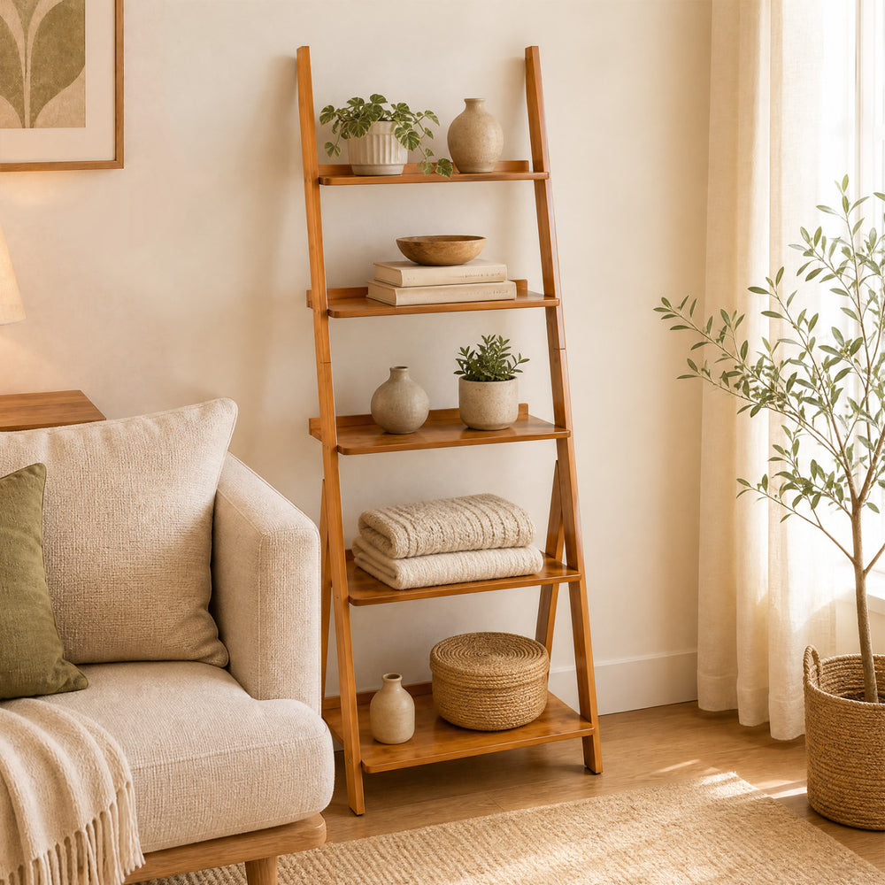 5-tier bamboo ladder shelf in brown features a triangular structure for stability, perfect for stylish storage in any room.