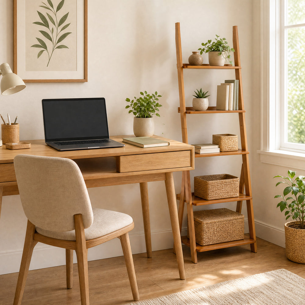 5-tier bamboo ladder shelf in brown offers ample storage with anti-falling barriers, perfect for home or office use.