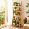 5-tier bamboo ladder shelf in brown offers ample storage for plants and decor, ideal for living rooms and balconies.