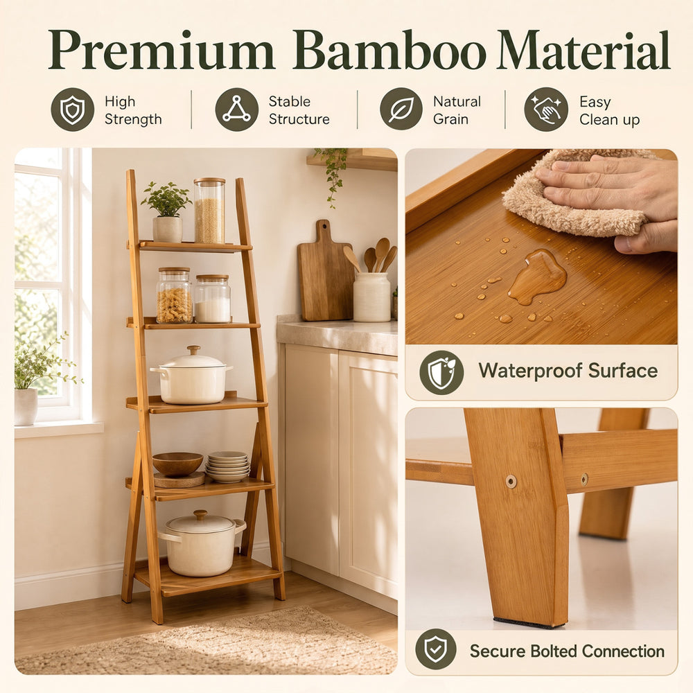 5-tier bamboo ladder shelf in brown offers ample storage and a waterproof surface, ideal for living room or office use.