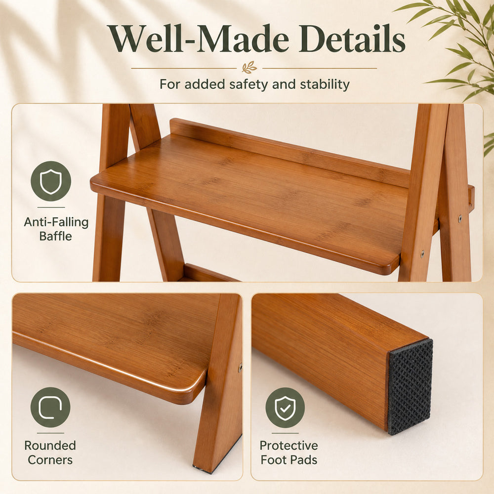 5-tier bamboo ladder shelf in brown features anti-falling barriers and rounded corners, ideal for home storage and display.