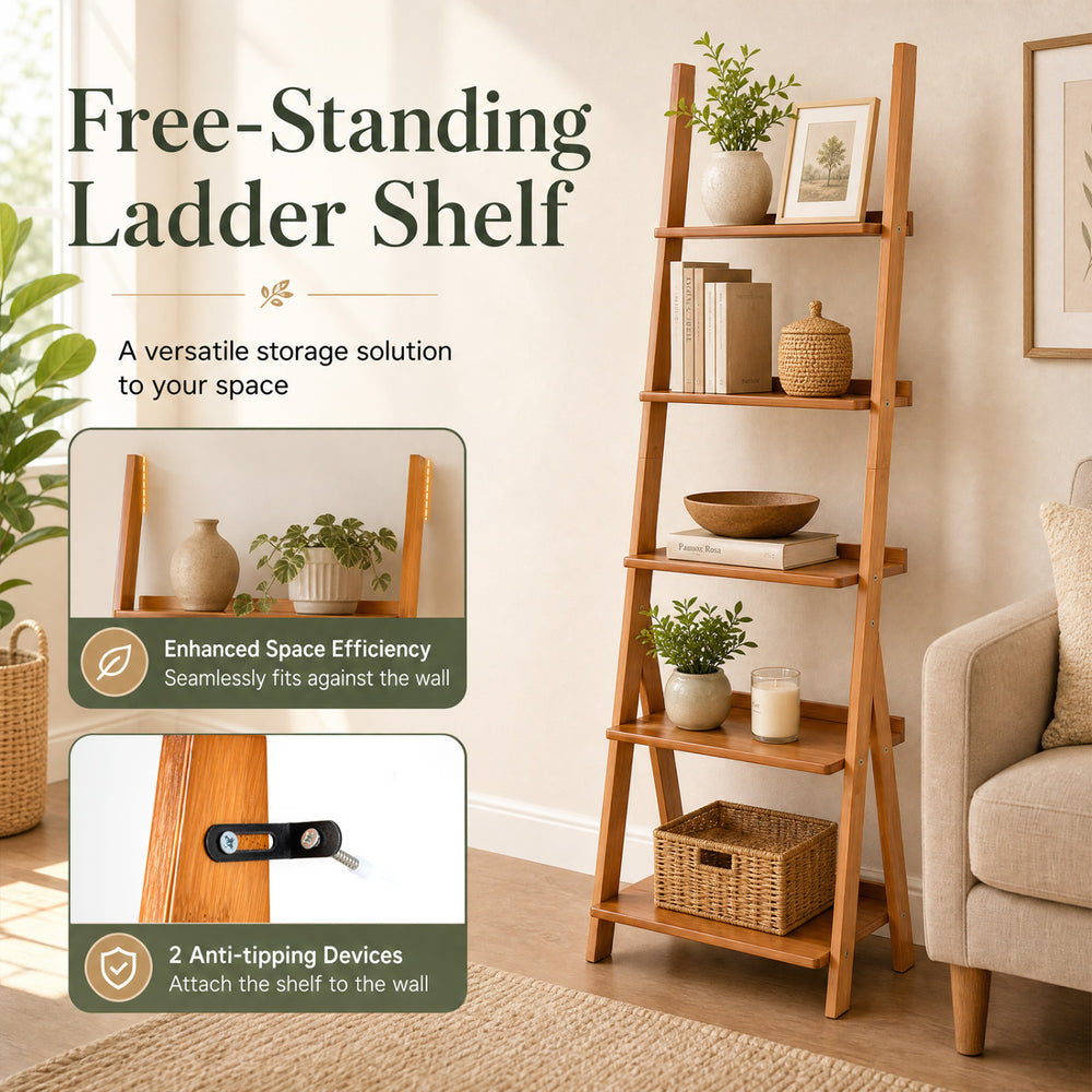 5-tier bamboo ladder shelf in brown offers ample storage and display space, perfect for living rooms, balconies, or offices.