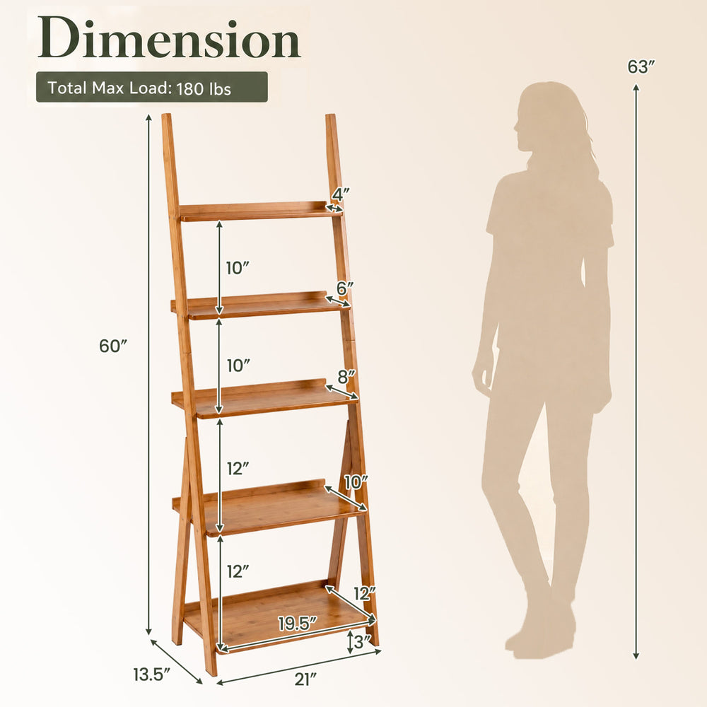 5-tier bamboo ladder shelf in brown with anti-falling barriers, ideal for storage in living rooms, balconies, or offices.