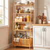 5-tier bamboo ladder shelf with 4 display shelves and 1 open storage basket, ideal for organizing plants and household essentials.