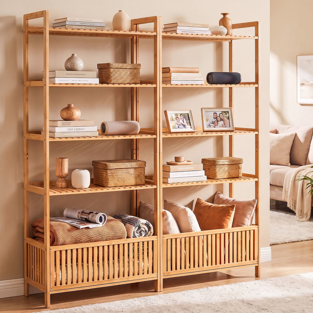 5-tier bamboo ladder shelf featuring 4 display shelves and 1 open storage basket, ideal for home organization and decor.