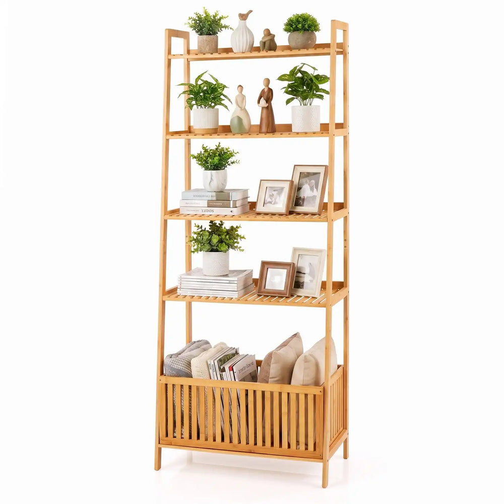 5-tier bamboo ladder shelf featuring 4 display shelves and 1 open storage basket for versatile home organization.