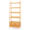 5-tier bamboo ladder shelf with a sturdy frame, featuring 4 slatted display shelves and a stylish open storage basket.