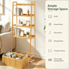 Bamboo ladder shelf with slatted design, 4 display shelves, and a removable basket for stylish home organization.