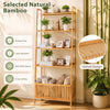 5-tier bamboo ladder shelf featuring 4 display shelves and 1 open storage basket for versatile home organization.