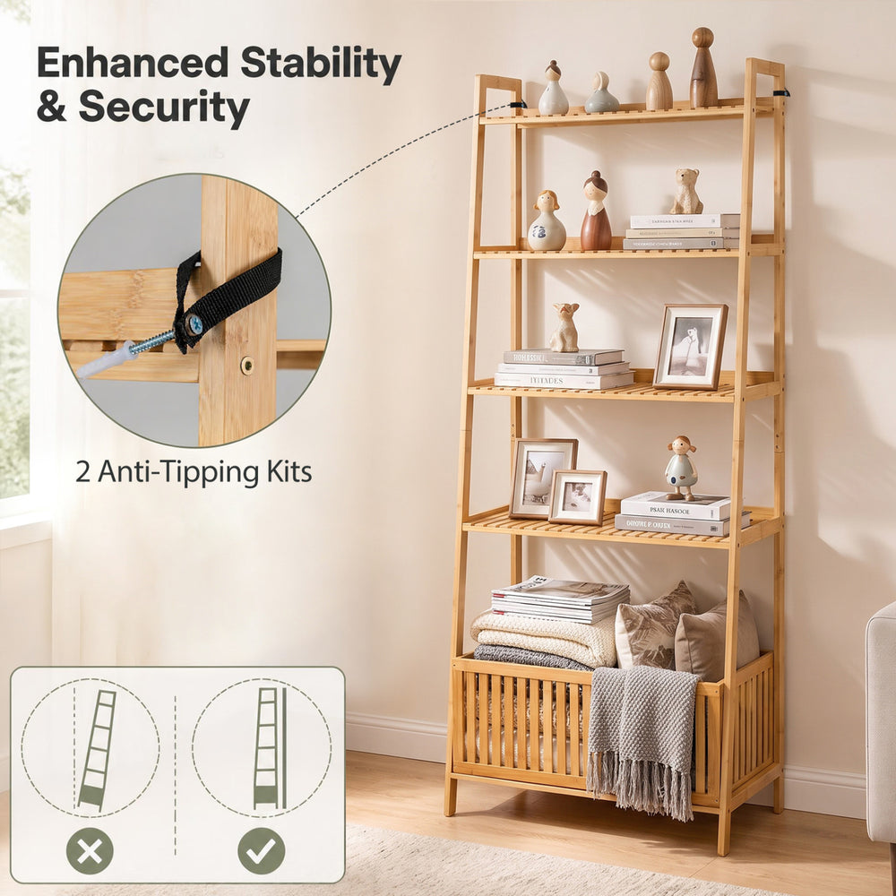 5-tier bamboo ladder shelf featuring 4 display shelves, 1 removable storage basket, and 2 anti-tipping kits for stability.