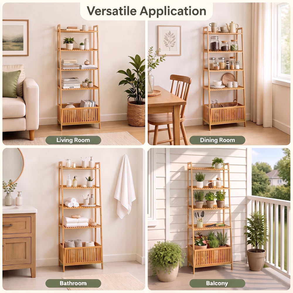5-tier bamboo ladder shelf with 4 display shelves and 1 storage basket, ideal for versatile use in living room or balcony.