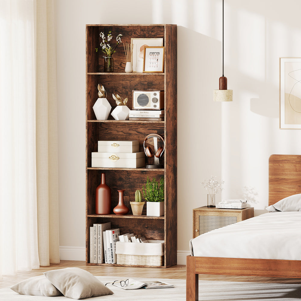 5-tier rustic brown bookshelf with open shelves for storage, perfect for living room or bedroom organization.