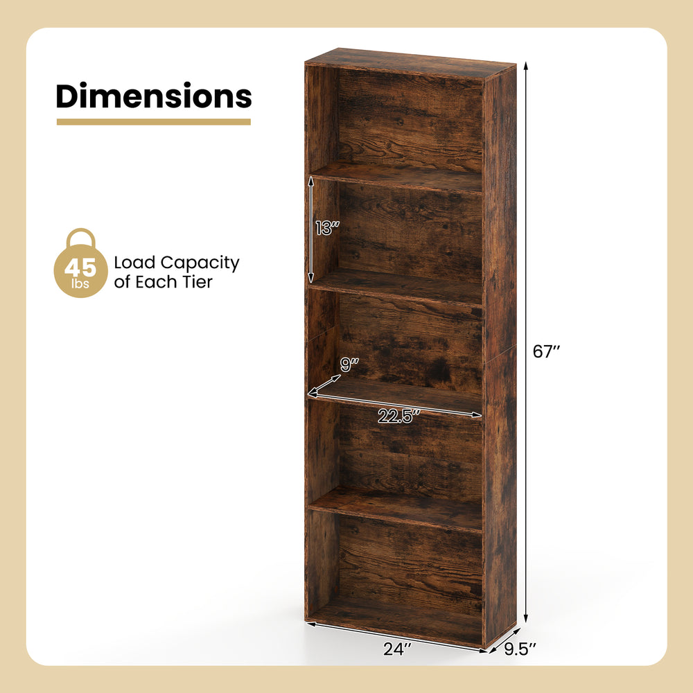 5-tier freestanding bookshelf in rustic brown with dimensions, designed for stability and easy maintenance.