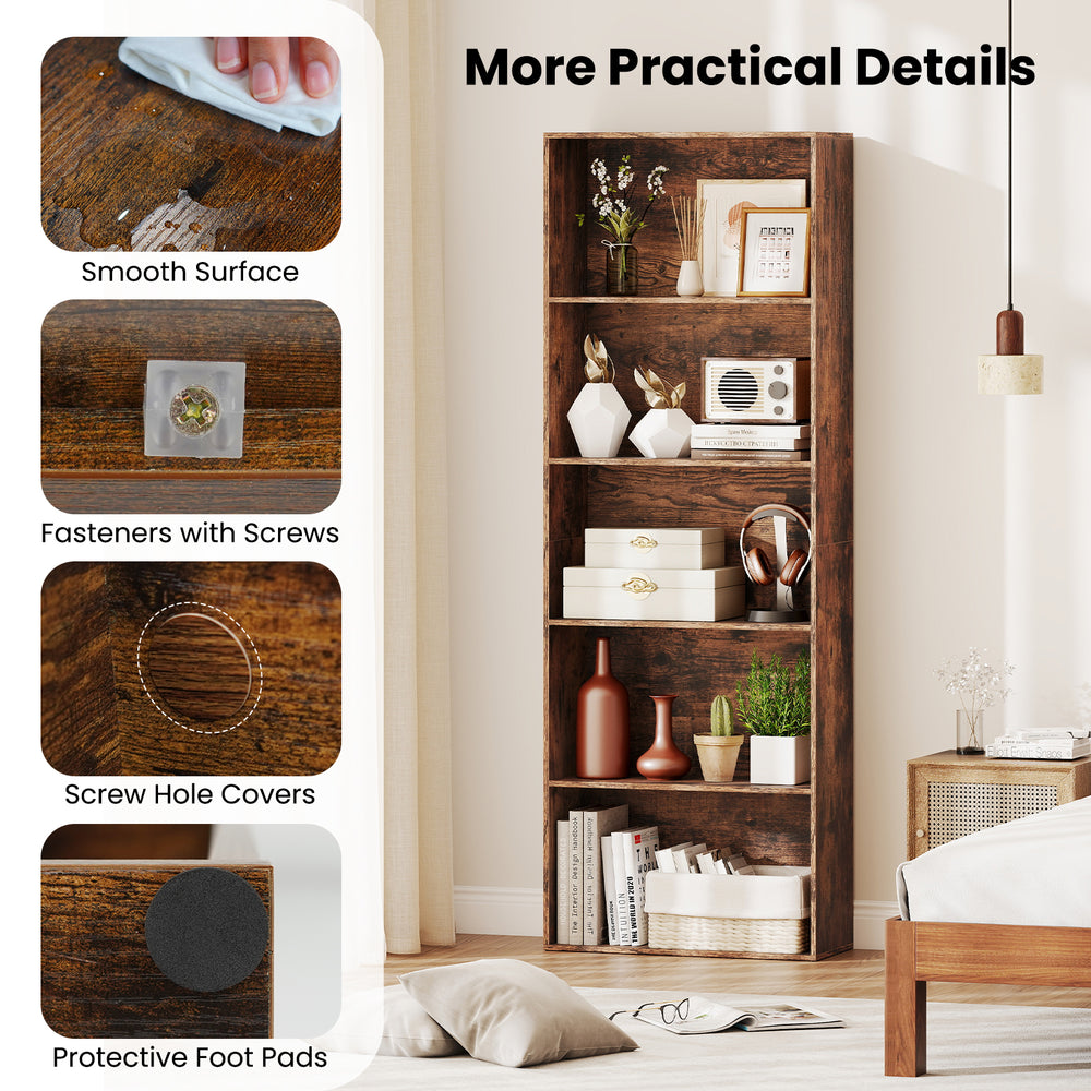 5-tier rustic brown bookshelf with smooth surface, screw hole covers, and protective foot pads for stable storage.