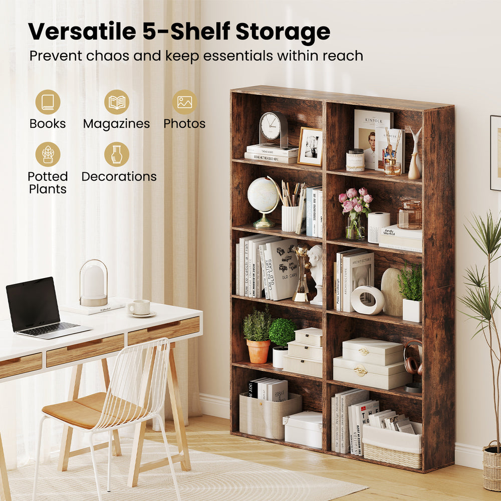 5-tier rustic brown bookshelf with open shelves for books and decor, ideal for living room or study organization.