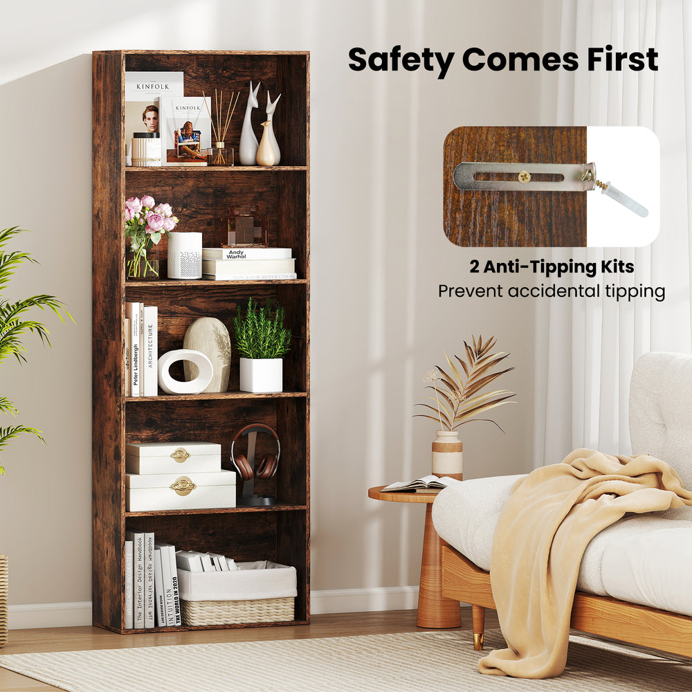 5-tier freestanding bookshelf in rustic brown with anti-tipping kits, ideal for living room or study organization.
