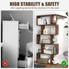 5-tier rustic brown bookshelf with anti-toppling device, showcasing geometric design for stable storage in living room.