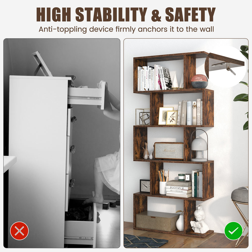 5-tier rustic brown bookshelf with anti-toppling device, showcasing geometric design for stable storage in living room.