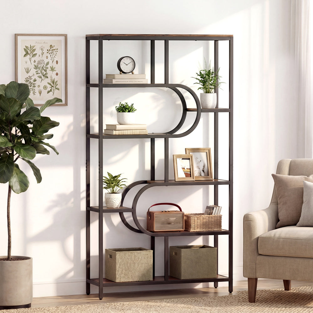 Tall 5-tier bookshelf with U-shaped design in rustic brown, featuring open storage shelves for versatile display and.