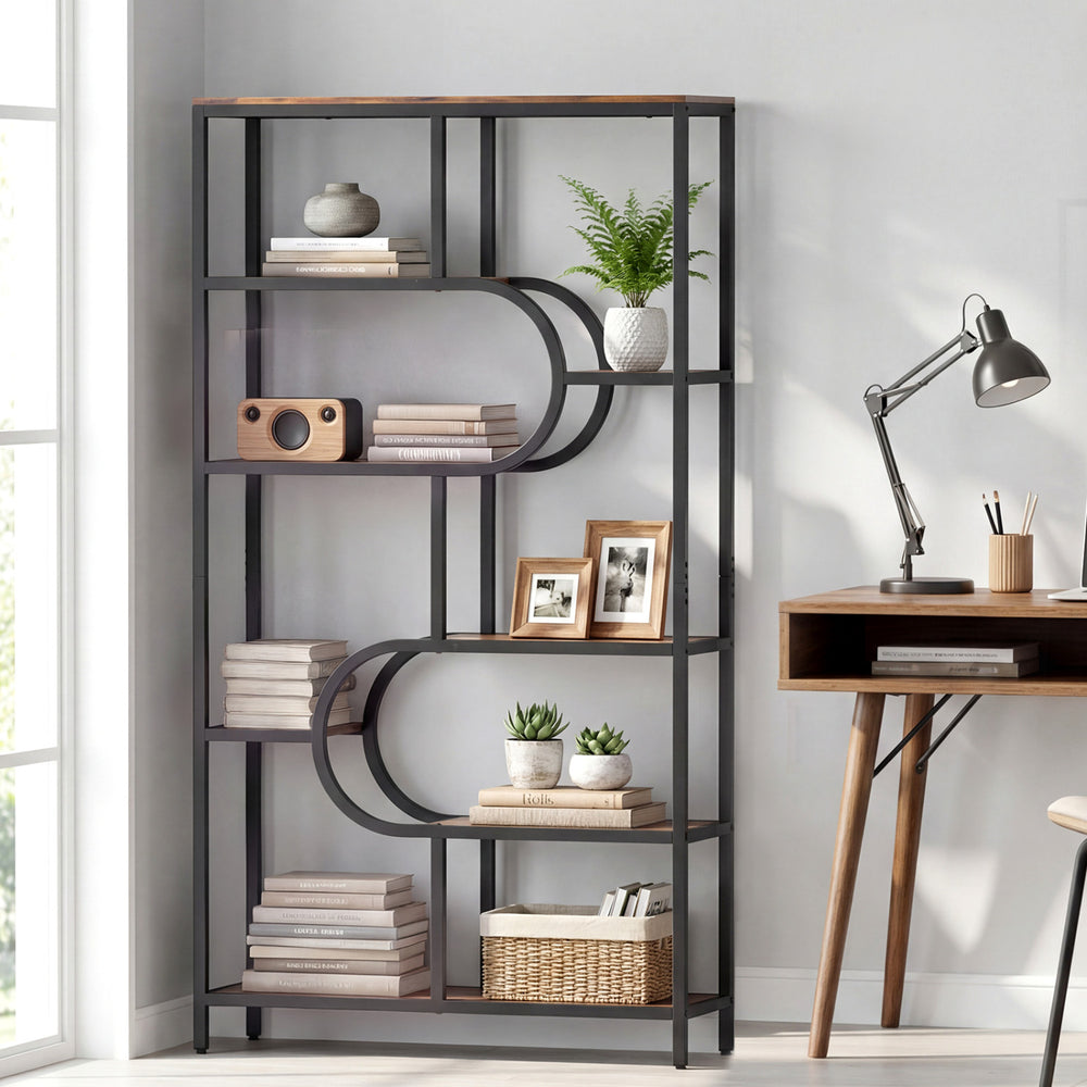 Tall 5-tier bookshelf with U-shaped design, rustic brown finish, and open shelves for versatile storage and display.