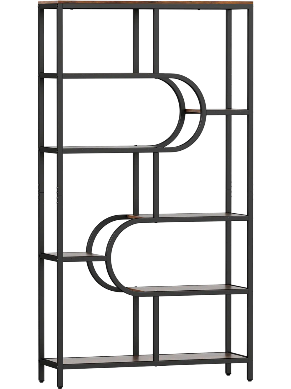 Tall 5-tier bookshelf with U shape design in rustic brown, featuring open storage shelves for versatile display and.
