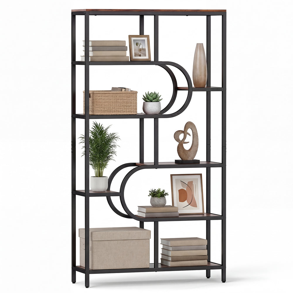 5-tier U-shaped bookshelf in rustic brown with open storage shelves, ideal for living room or study display.