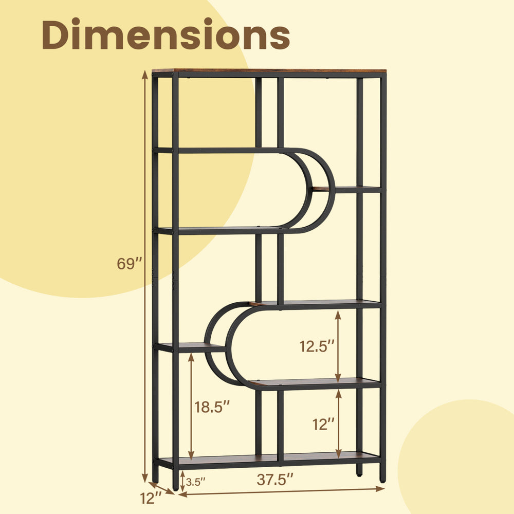 Dimensions of the 5-tier bookshelf with U shape design, featuring open storage shelves and a durable metal frame.