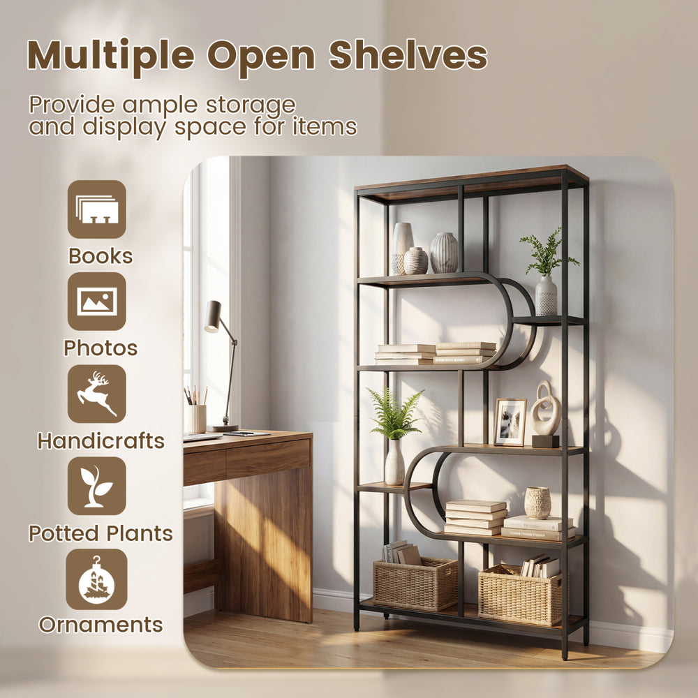 5-tier tall etagere bookshelf in rustic brown with open storage shelves for books and decor in a stylish living space.