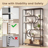 5-tier rustic brown bookshelf with open storage, U-shaped design, and anti-toppling kits for stability in any room.