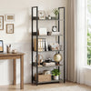 Tall 5-tier wooden bookshelf in oak finish with back panels, ideal for organizing books and decor in any room.
