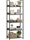 5-tier tall wooden bookshelf in oak finish with back panels, showcasing decorative items and plants for stylish storage.