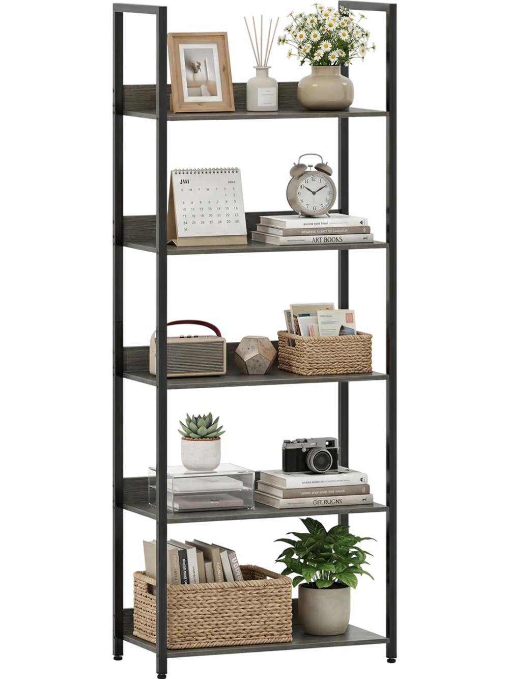 5-tier tall wooden bookshelf in oak finish with back panels, showcasing decorative items and plants for stylish storage.