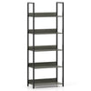 Tall 5-tier bookshelf with oak finish and back panels, ideal for organizing books and decor in any room.