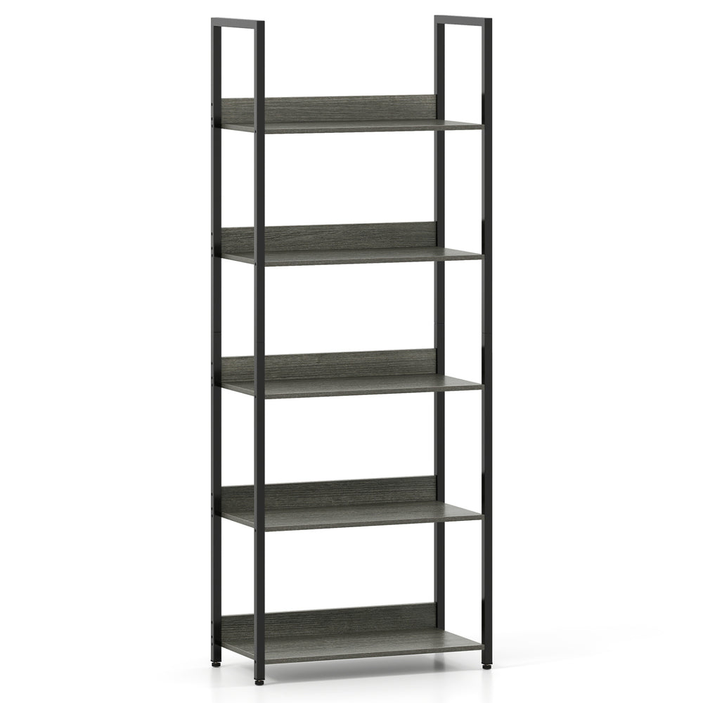 Tall 5-tier bookshelf with oak finish and back panels, ideal for organizing books and decor in any room.