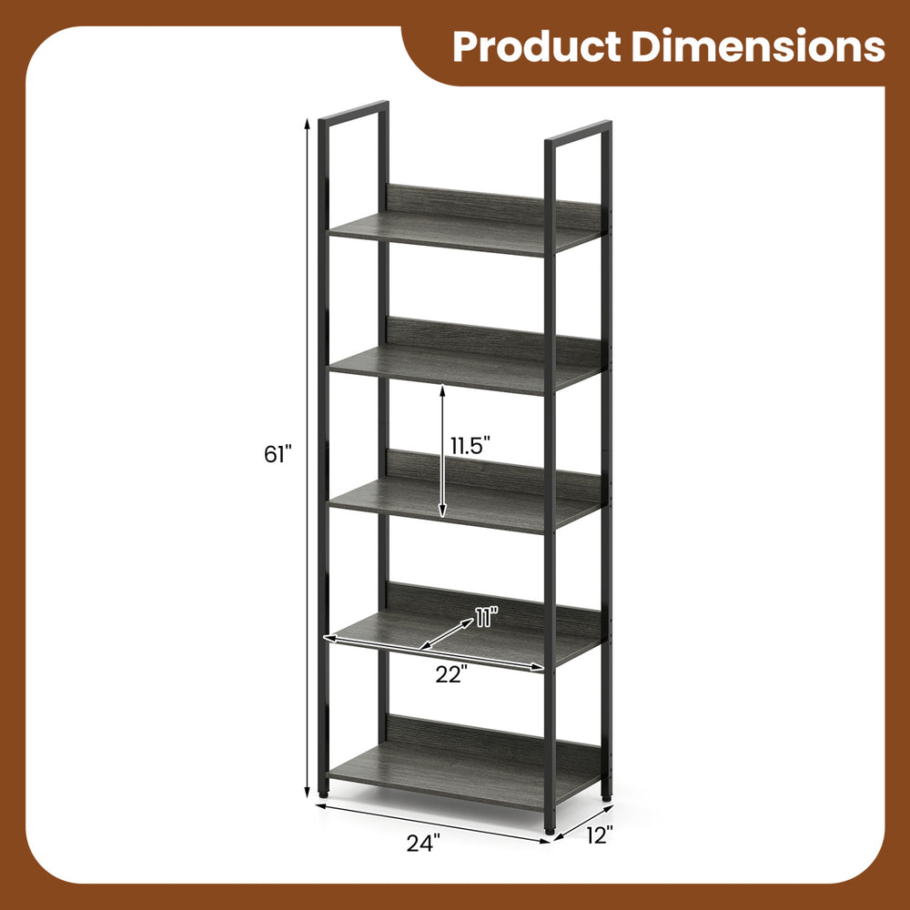 5-tier tall wooden bookshelf with back panels in oak, measuring 61" high, 24" wide, and 12" deep for stylish storage.