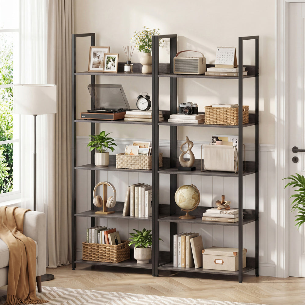 5-tier tall wooden bookshelf in oak with back panels, showcasing decor and plants in a stylish living room setting.