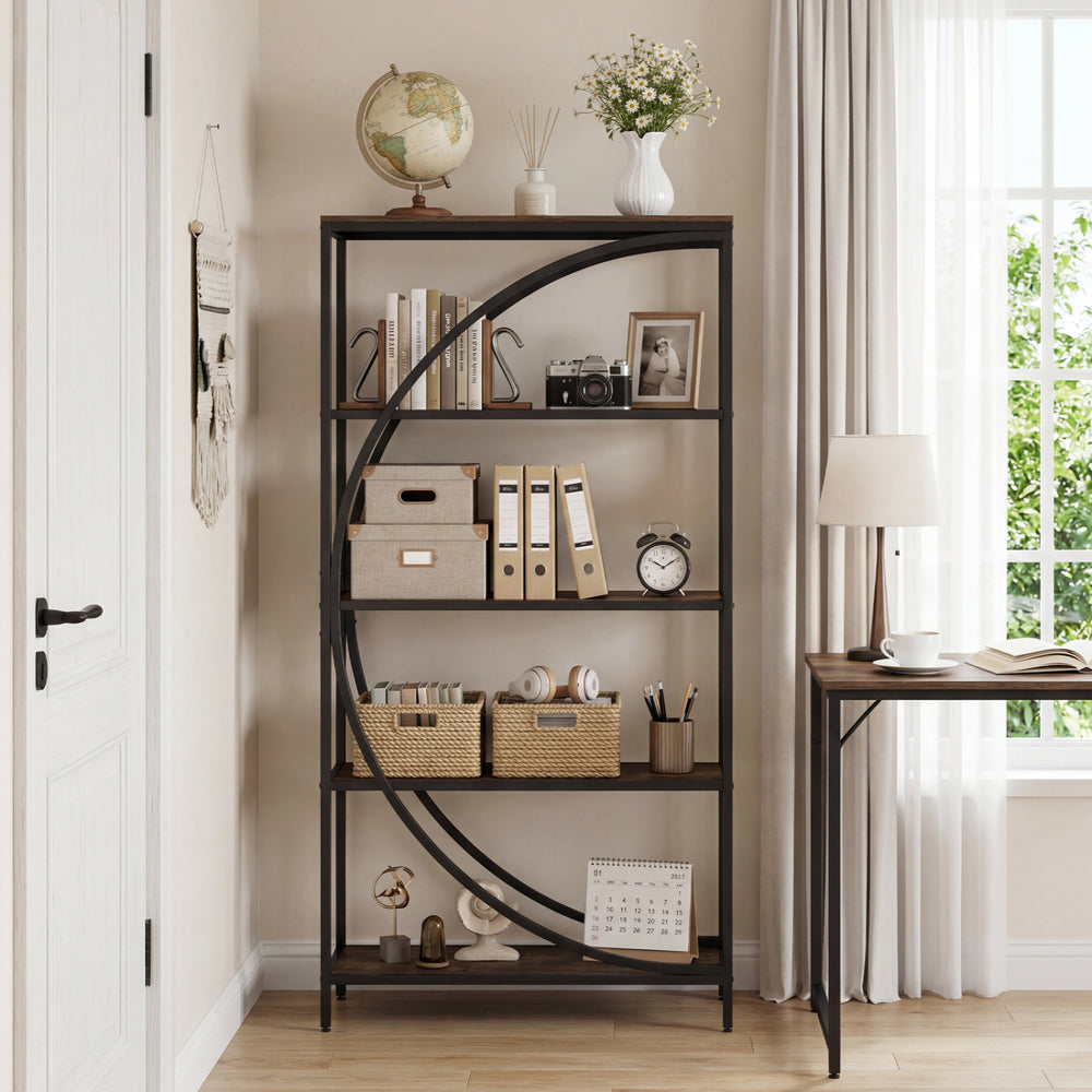 5-tier bookshelf with half-moon shape in rustic brown, featuring open shelves for home office or living room.