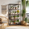 5-tier bookshelf with half-moon shape in rustic brown, featuring open shelves for organization in a living room or home.