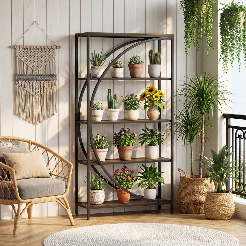 5-tier bookshelf with half-moon shape in rustic brown, featuring open shelves for organization in a living room or home.