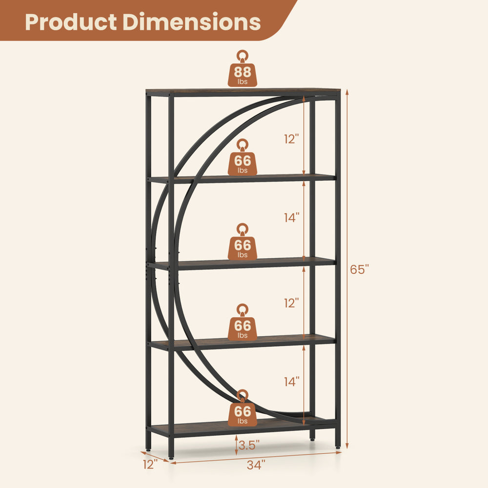 5-tier bookshelf with half-moon shape in rustic brown, featuring durable metal frame and adjustable foot pads for.