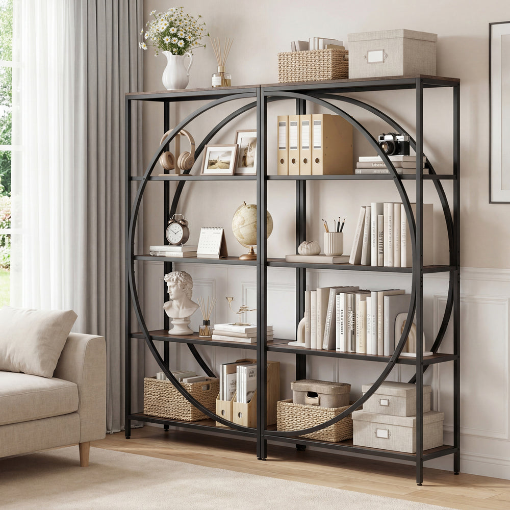 5-tier bookshelf with half-moon design in rustic brown, featuring open shelves for organization in living room or home.