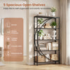 5-tier bookshelf in rustic brown with half-moon shape, showcasing a durable metal frame and spacious open shelves for.
